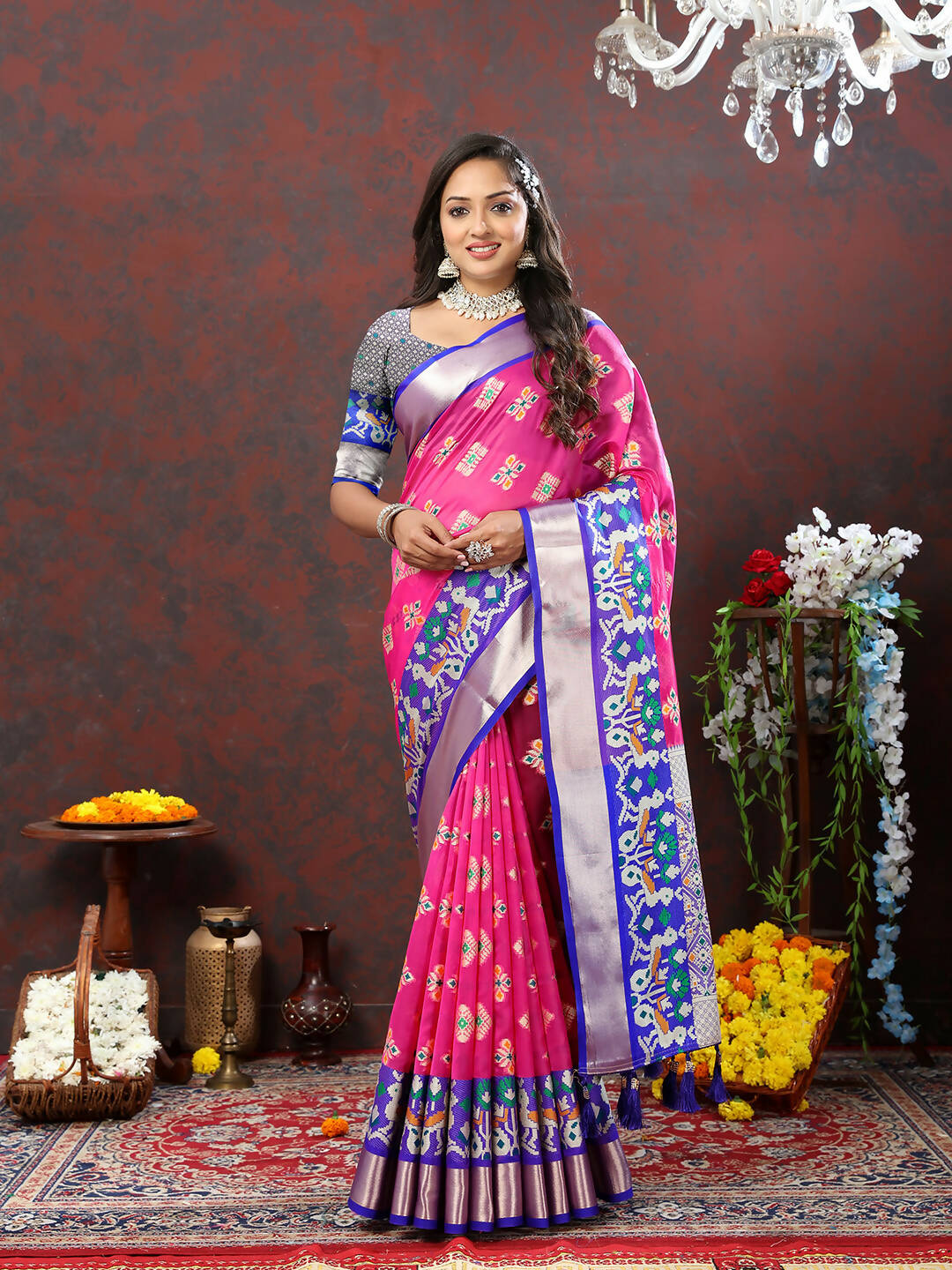 Lorenvalley Fashion Pink Organza Silk Woven Design with Meenakari Weaving Saree