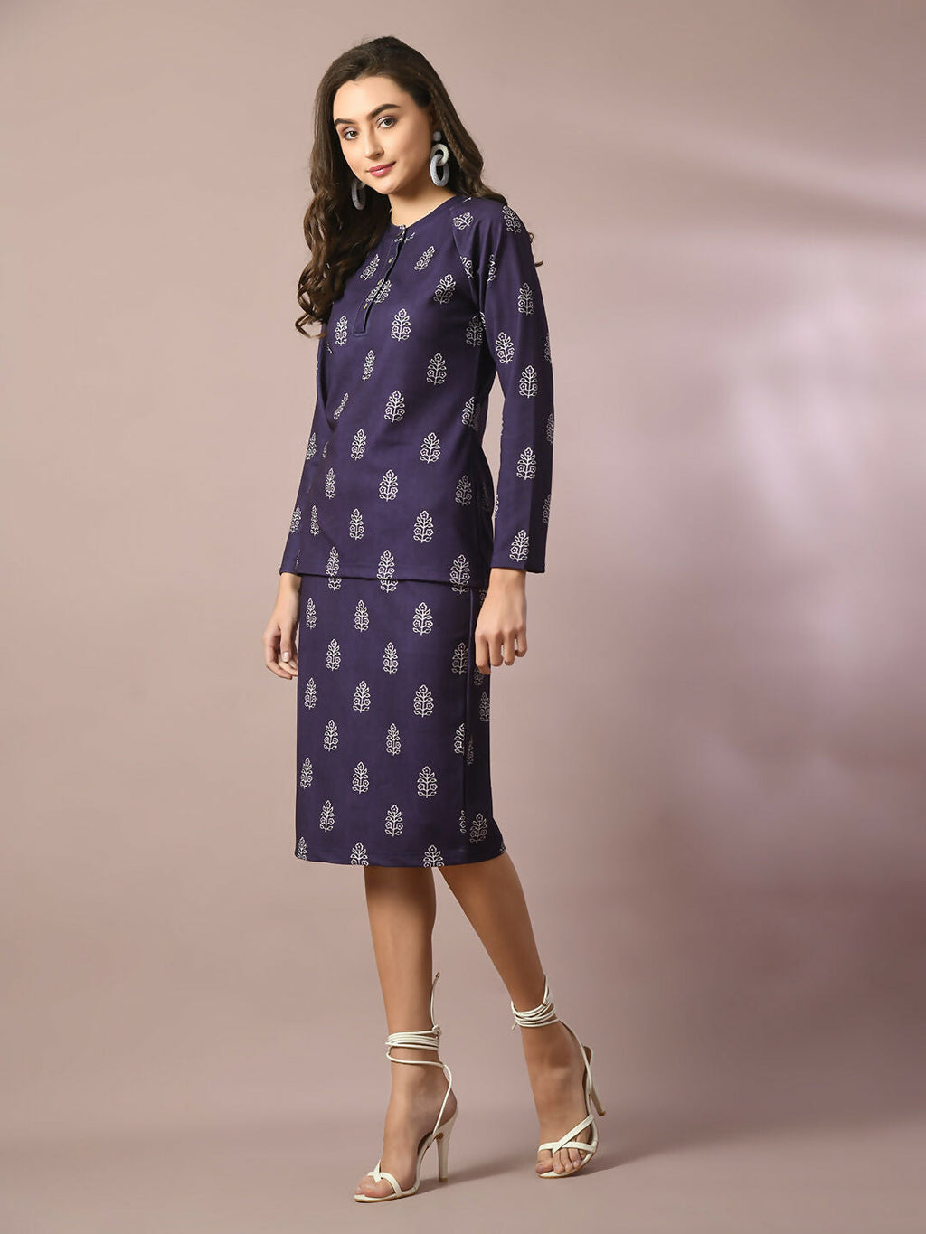 Myshka Women's Navy Blue Printed Knee Length Party Embellished Skirts