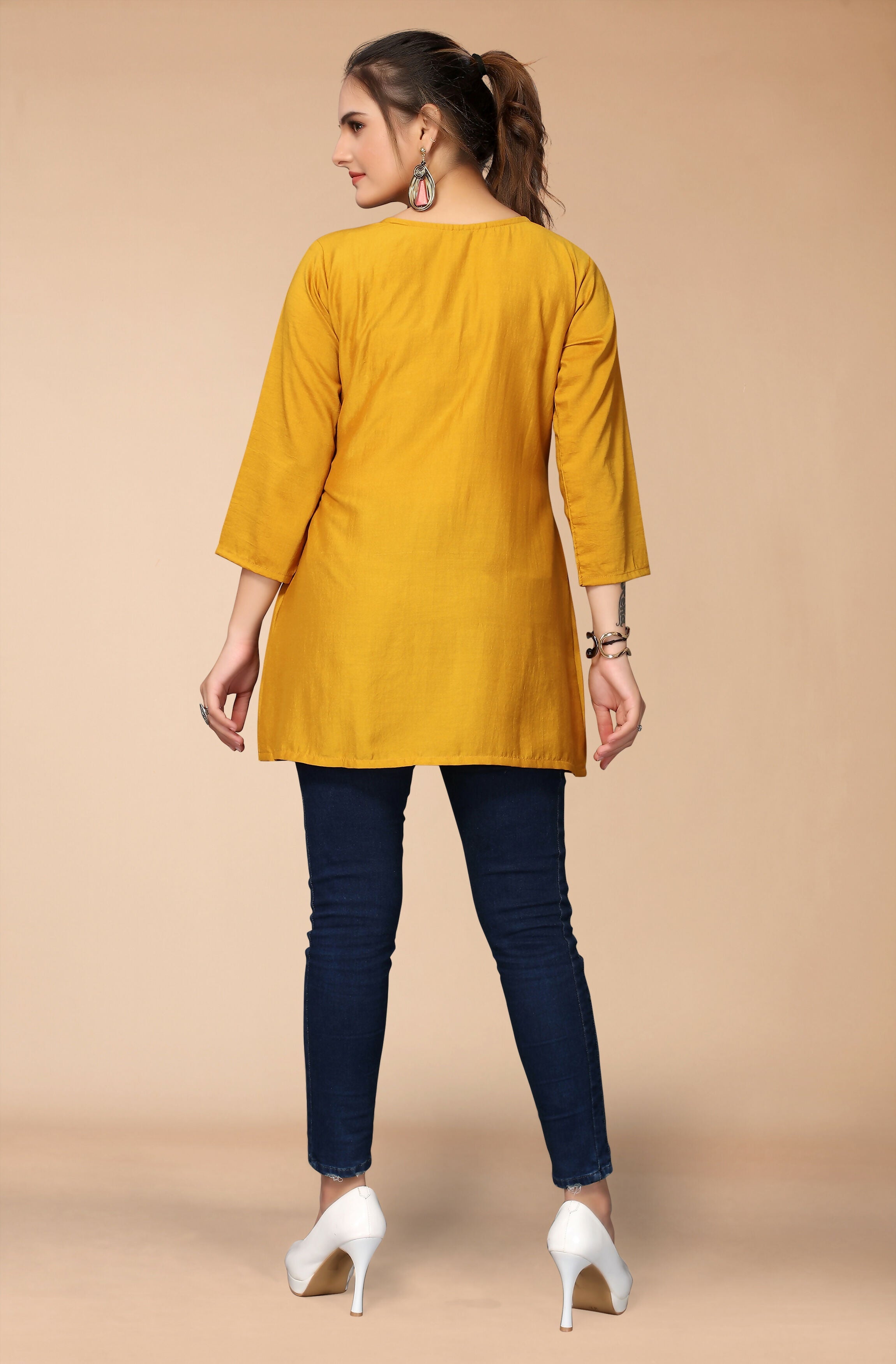 Women's Mustard Viscose blend Embroidered Short Top - Marina