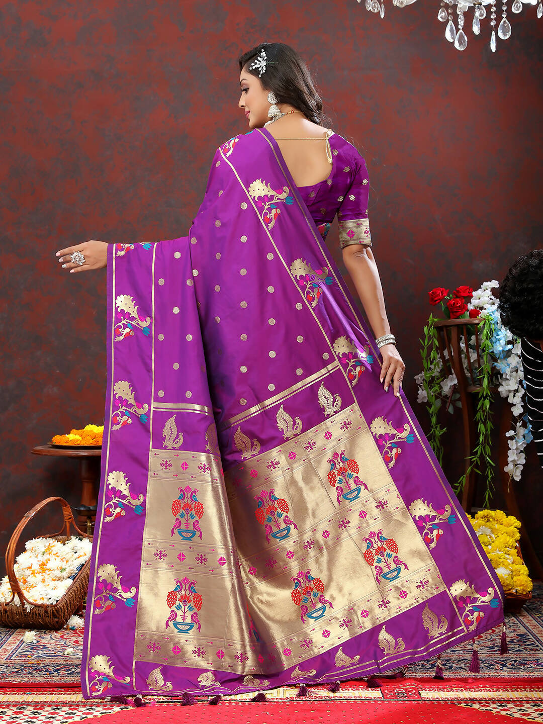 Lorenvalley Fashion Wine Soft Paithani Silk Woven Design Gold Zari Meenakari Weaving Saree