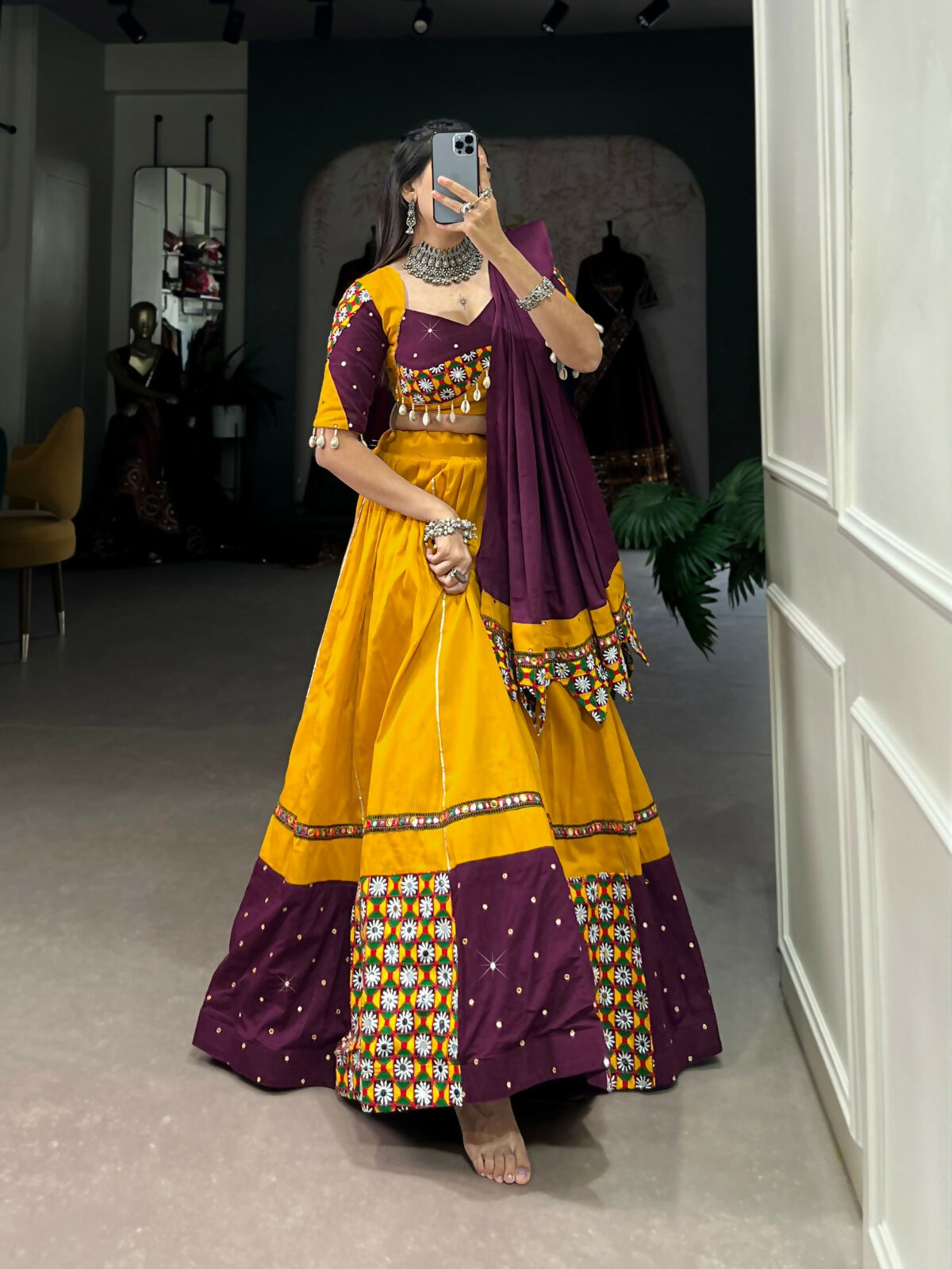 Vastranavya Navaratri Special Pure Cotton Paper Mirror Handwork With Gamthi Work With Gota Patti Touch Up Lehenga with Stitched Blouse - Mustard