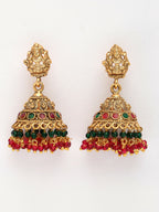 NVR Women's Set of 2 Gold-Polished Green & Red Stone Studded Lakshmi Design Temple Jewellery Set with Maangtikka