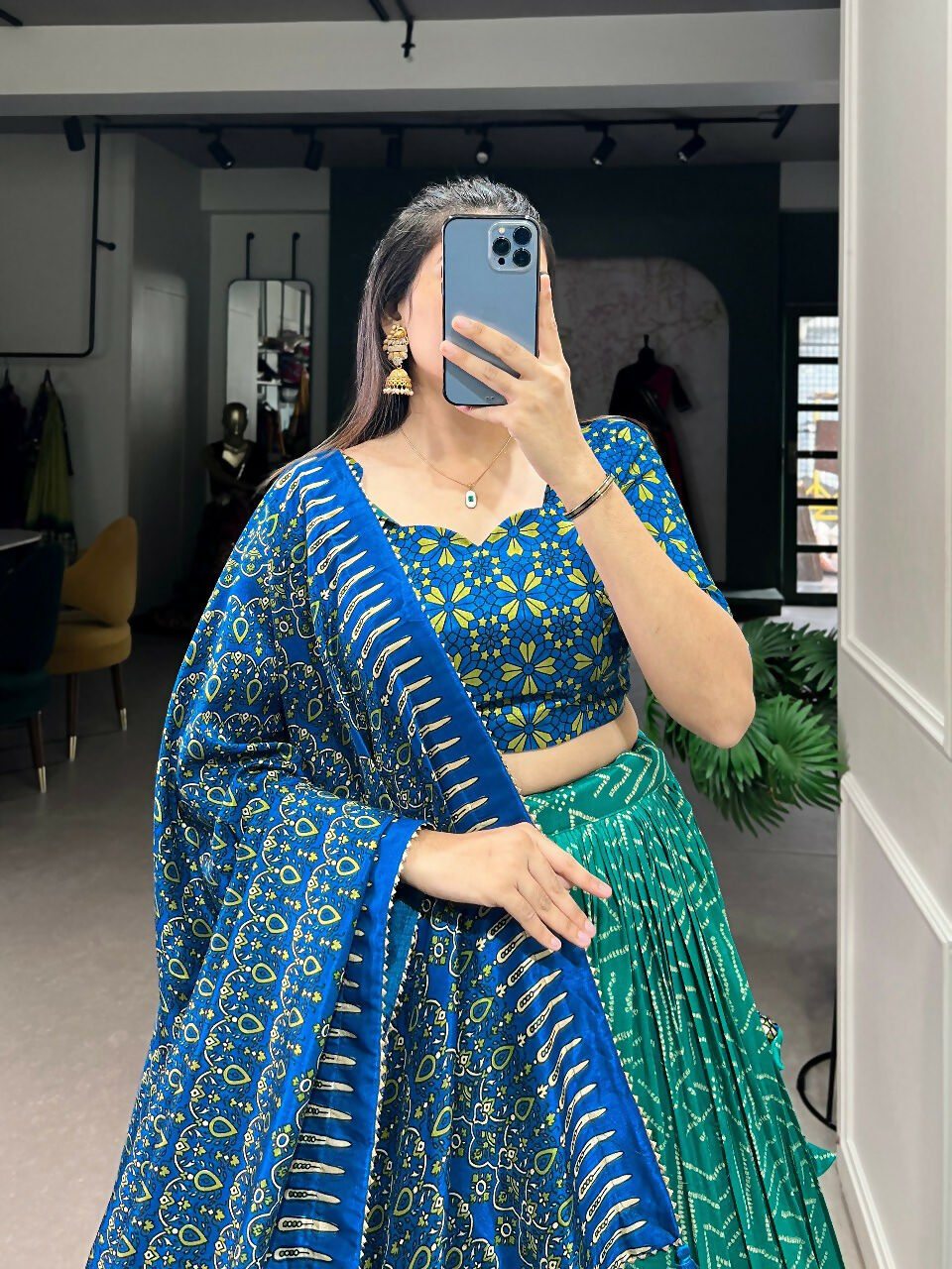Vastranavya Bandhej And Ajarakh Print Tussar Silk Lehenga Choli - Green