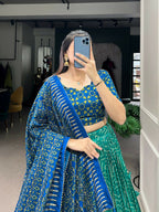 Vastranavya Bandhej And Ajarakh Print Tussar Silk Lehenga Choli - Green