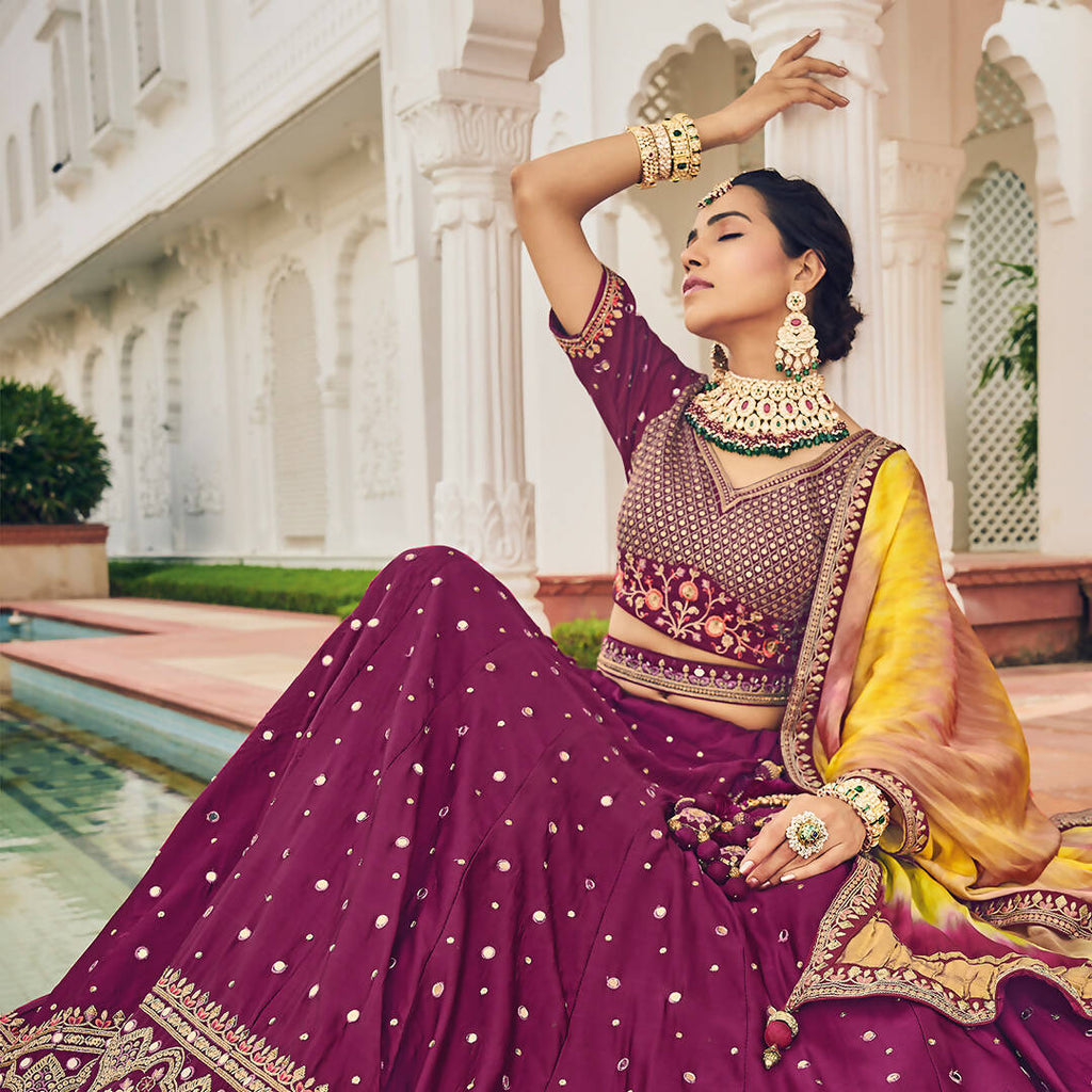 Wine Heavy Viscose Khatli, Embroidery & Mirror Work Unstitched Lehenga Choli - Sisha Keshav