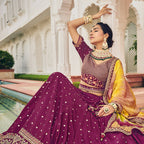 Wine Heavy Viscose Khatli, Embroidery & Mirror Work Unstitched Lehenga Choli - Sisha Keshav