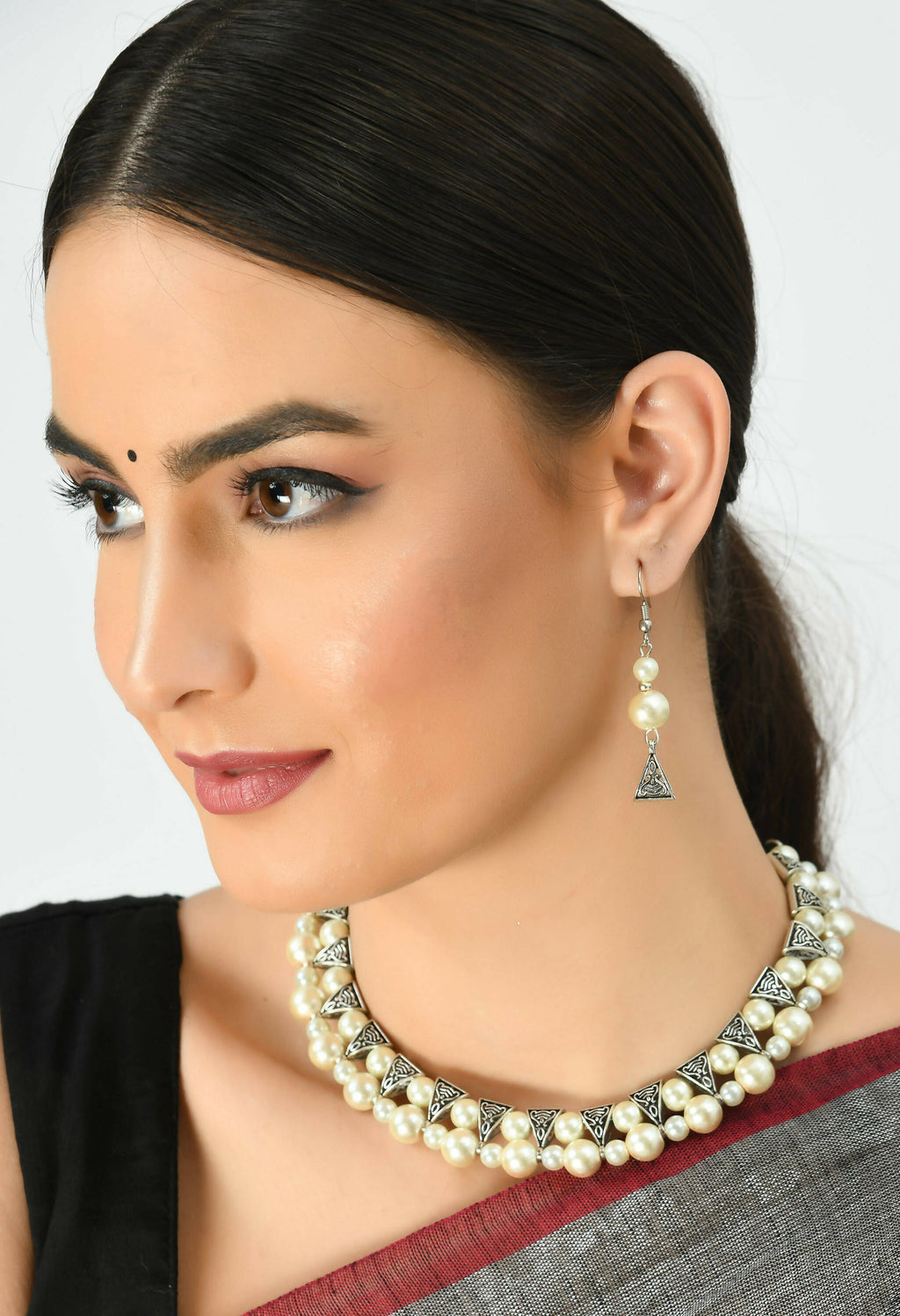 Mominos Fashion Johar Kamal Silver-Plated Brass Finish Pearls Work Choker For Women (White) - Distacart