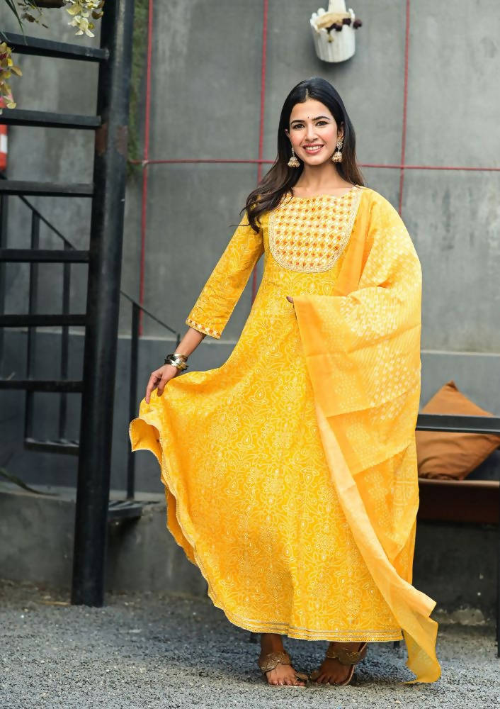 Yufta Women Mustard Handblock Printed Kurta with Trouser & Dupatta