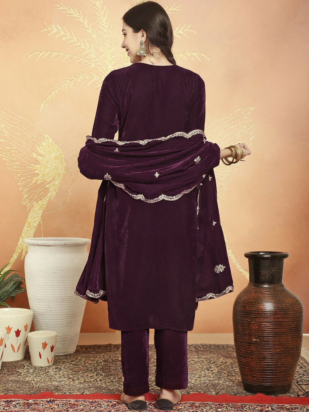 Jyoti Fashion Women's Wine Velvet Cording with Resham Thread & Sequin Kurta with Trouser & Dupatta