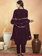 Jyoti Fashion Women's Wine Velvet Cording with Resham Thread & Sequin Kurta with Trouser & Dupatta