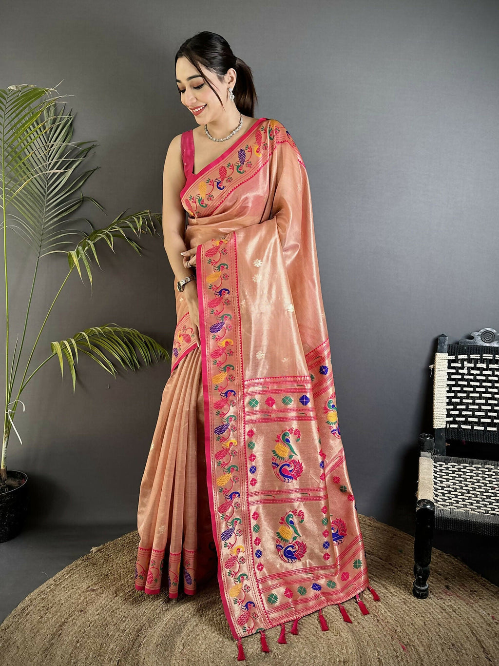 Joban Fashion Dark Peach Zari Weaving Tissue Paithani Saree