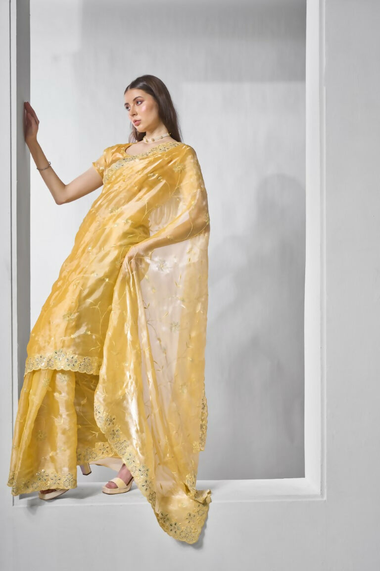 Yellow Burburry silk Designer Embroidery Work Saree - Shezlin