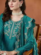 The52 Rama Women's Beautiful Vichitra Silk Fabric Embroidered Work Flared Anarkali Pant and Dupatta Set - Distacart