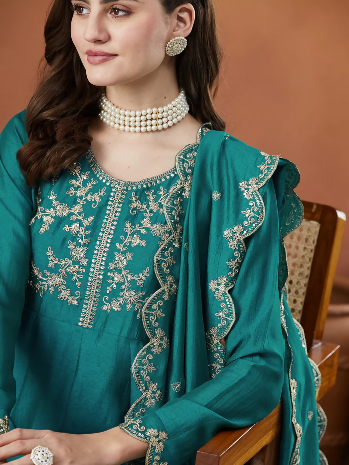 The52 Rama Women's Beautiful Vichitra Silk Fabric Embroidered Work Flared Anarkali Pant and Dupatta Set - Distacart