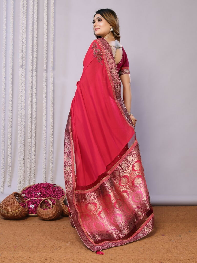 Pink Dual Tone Silk Georgette Thread Zari And Cord Embroidery Handwork Butta Saree - Norita Saumya