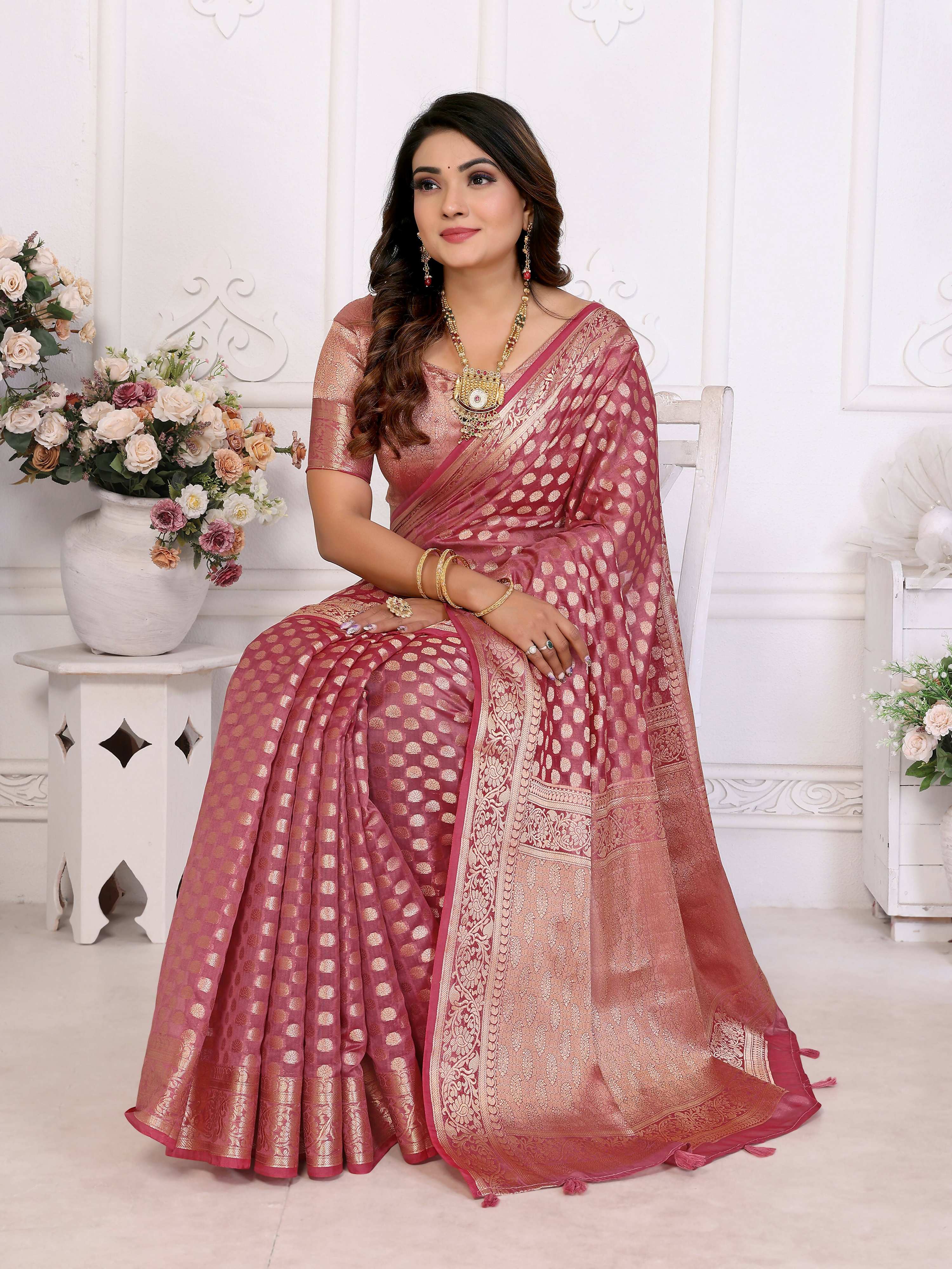 Aastha Fashion Light Pink Organza Silk Weaving Saree - Distacart