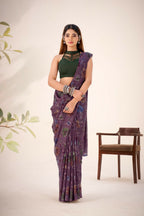 Vastranavya Wine Lurex Brasso Floral Printed Saree with Unstitched Blouse - Distacart