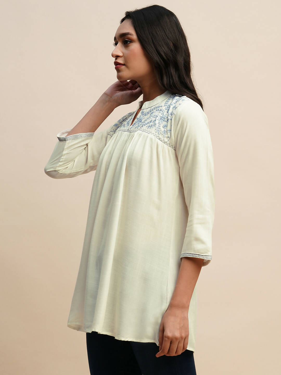 White Rayon Embroidered Top - Tarini