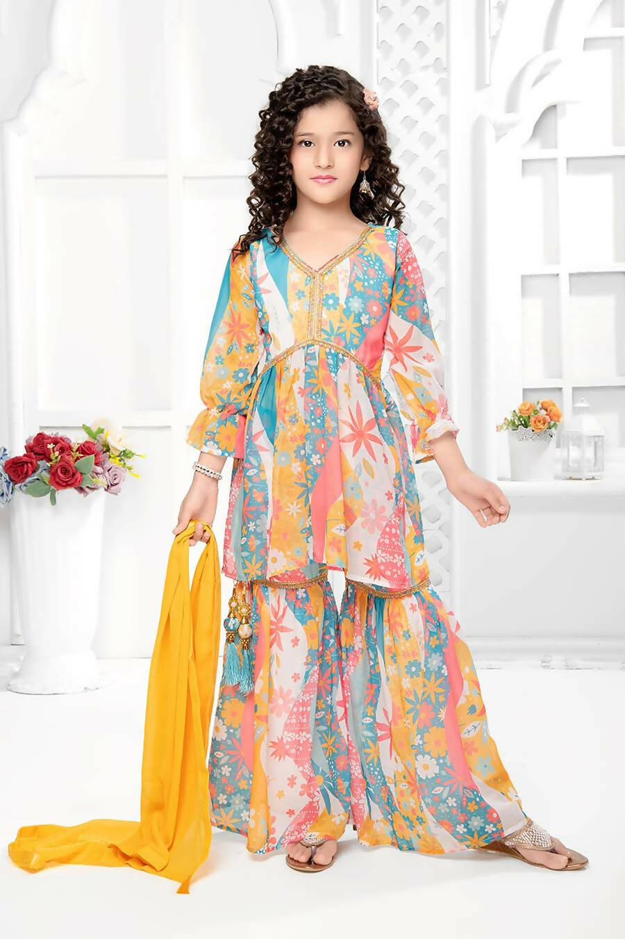 Kids Functional Designer Multi Digital Flower Print On Georgette Shrara Suit - Aaradhna