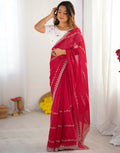 Joban Fashion Tissue Silk Red & Silver Embroidery Saree - Distacart