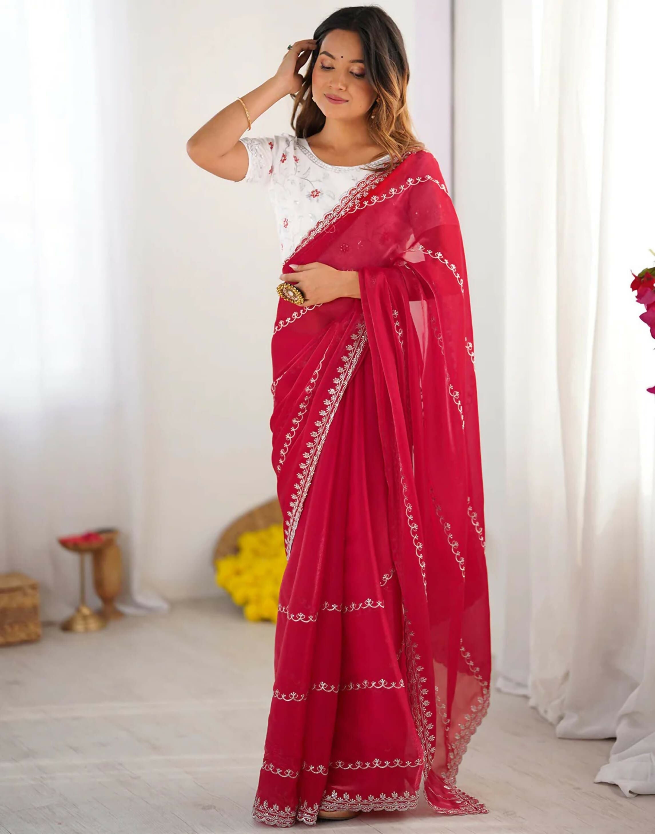 Joban Fashion Tissue Silk Red & Silver Embroidery Saree - Distacart