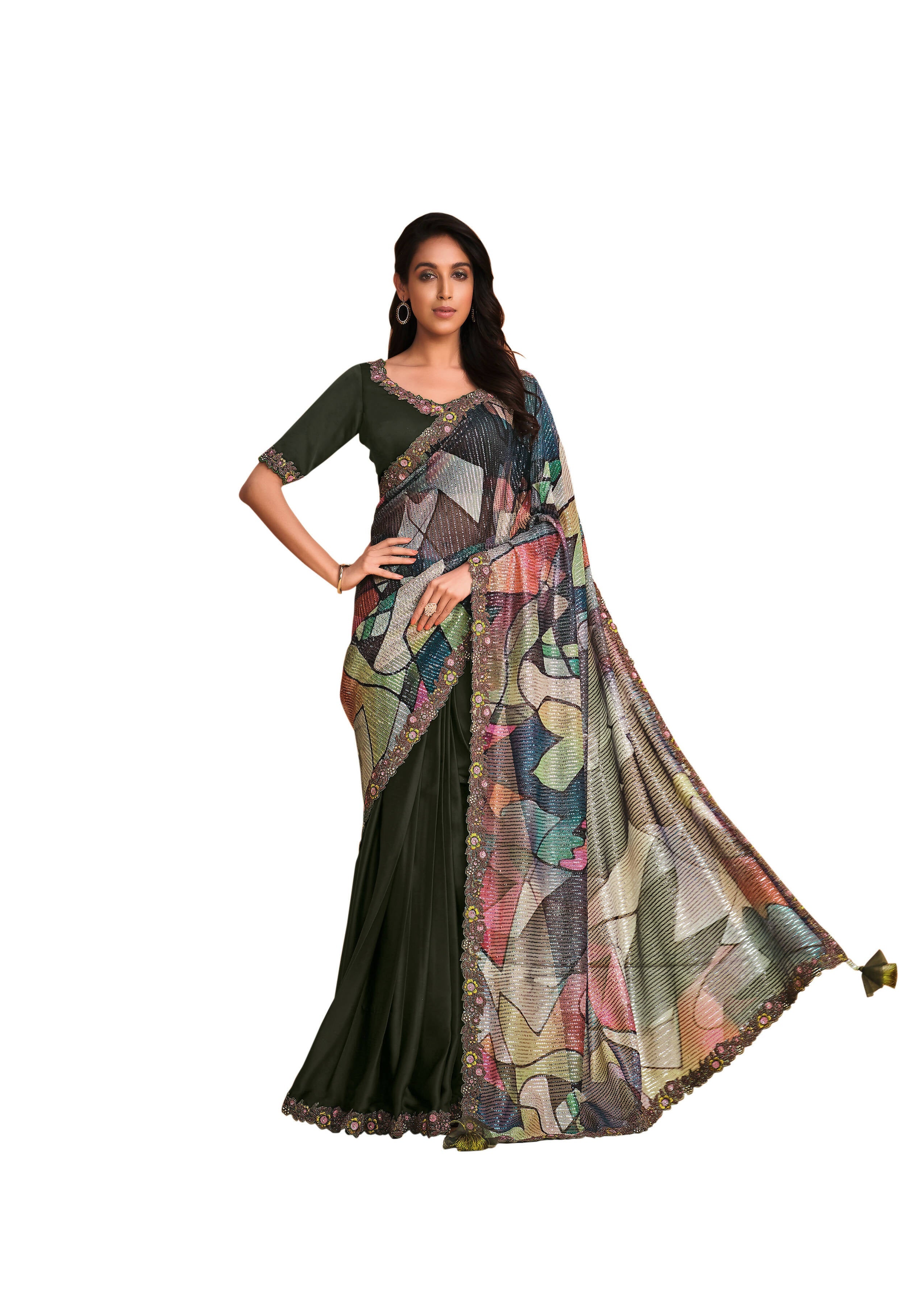 Green Satin Crepe Silk Sequence Embroidered Saree With Unstitched Blouse - Mohmanthan Yavanika