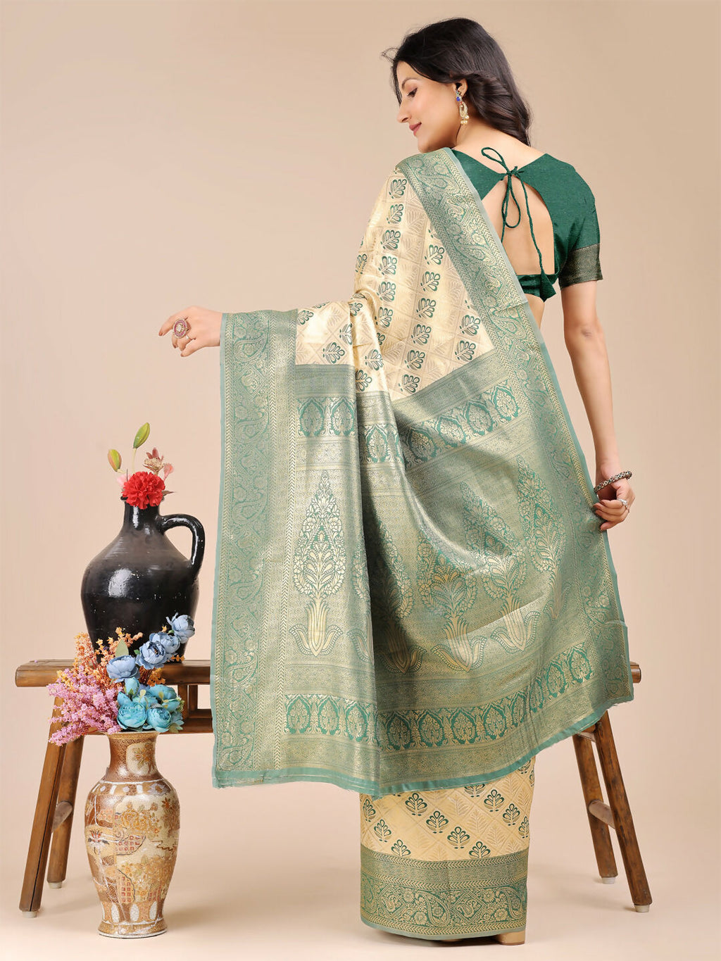 Shree Shyam Fashion Aura Silk Cream Green Banarasi Silk Saree