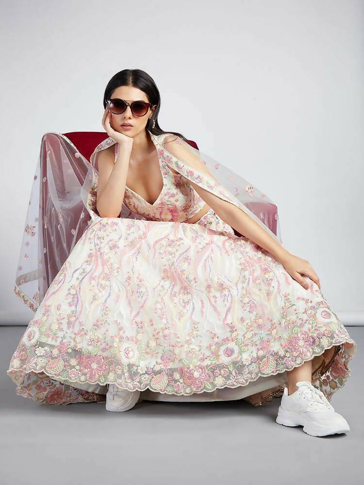 House of Panchhi Cream Net Sequins And Thread Embroidery Lehenga Choli & Dupatta