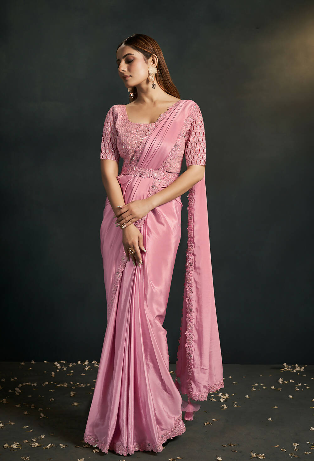 Pink Silk Crepe Georgette Cord Sequence & Thread Embroidered & Stone Work Saree - Moh-Manthan Royal Enigma