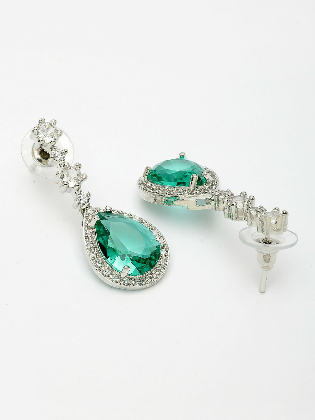 NVR Women's Silver-Plated Green American Diamond-Studded Handcrafted Jewellery Set