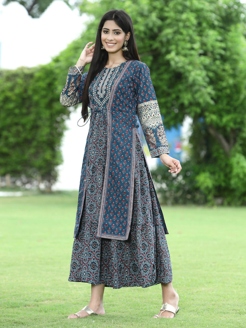 Juniper Women Teal Chanderi Festive Printed Tiered Kurta - Distacart