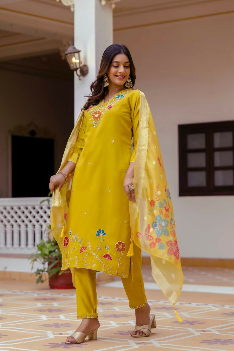 The52 Yellow Women's Gorgeous Embroidered work Viscose Gadhwal Fabric Straight Kurta, Pant and Dupatta Set - Distacart