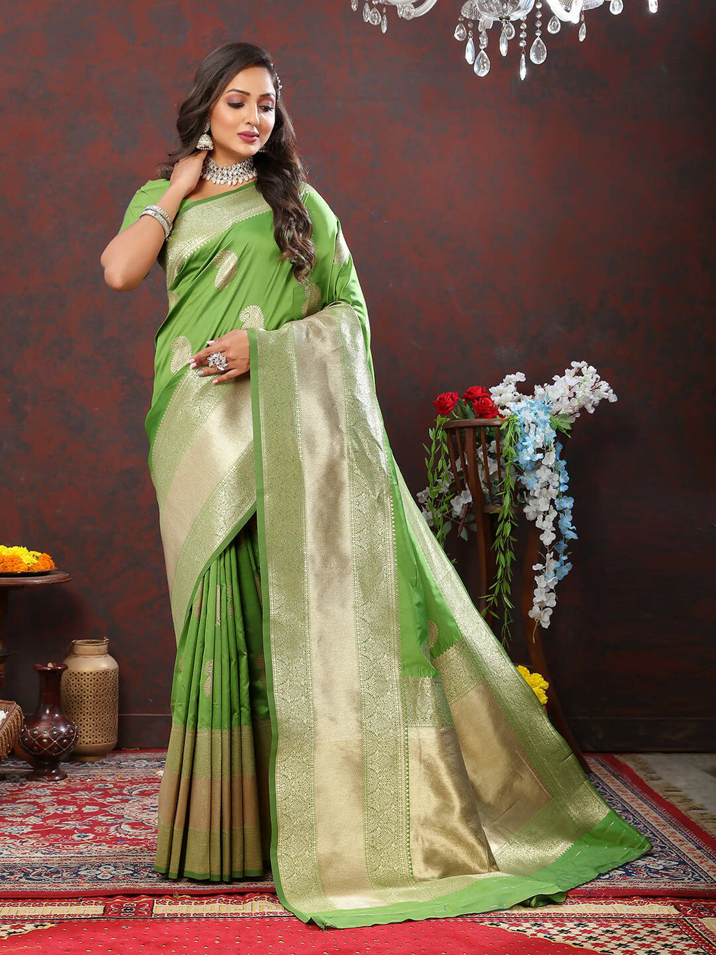 Lorenvalley Fashion Parotgreen Soft Silk Woven Design Gold Zari Weaving Saree