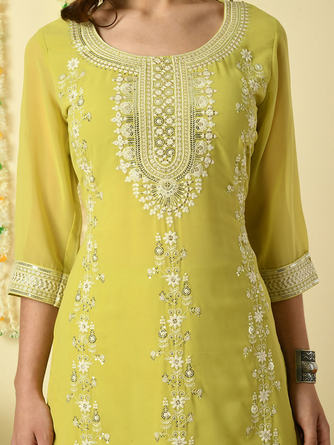 Myshka Women's Yellow Georgette Kurta & Skirt With Dupatta Party Sets