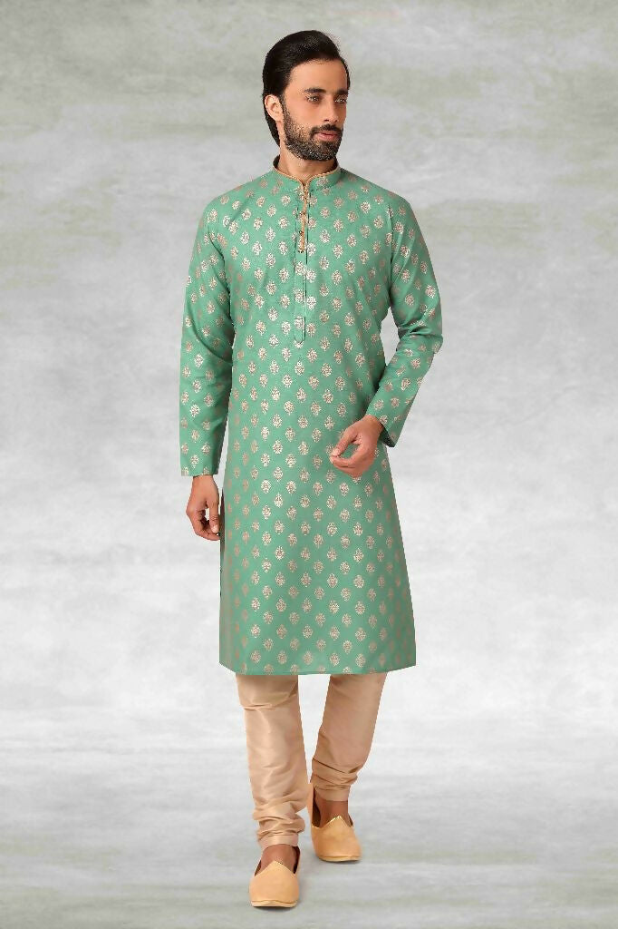 Raivat Ethnic Cotton Printed Work Kurta Pajama In Green Colour