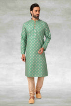 Raivat Ethnic Cotton Printed Work Kurta Pajama In Green Colour
