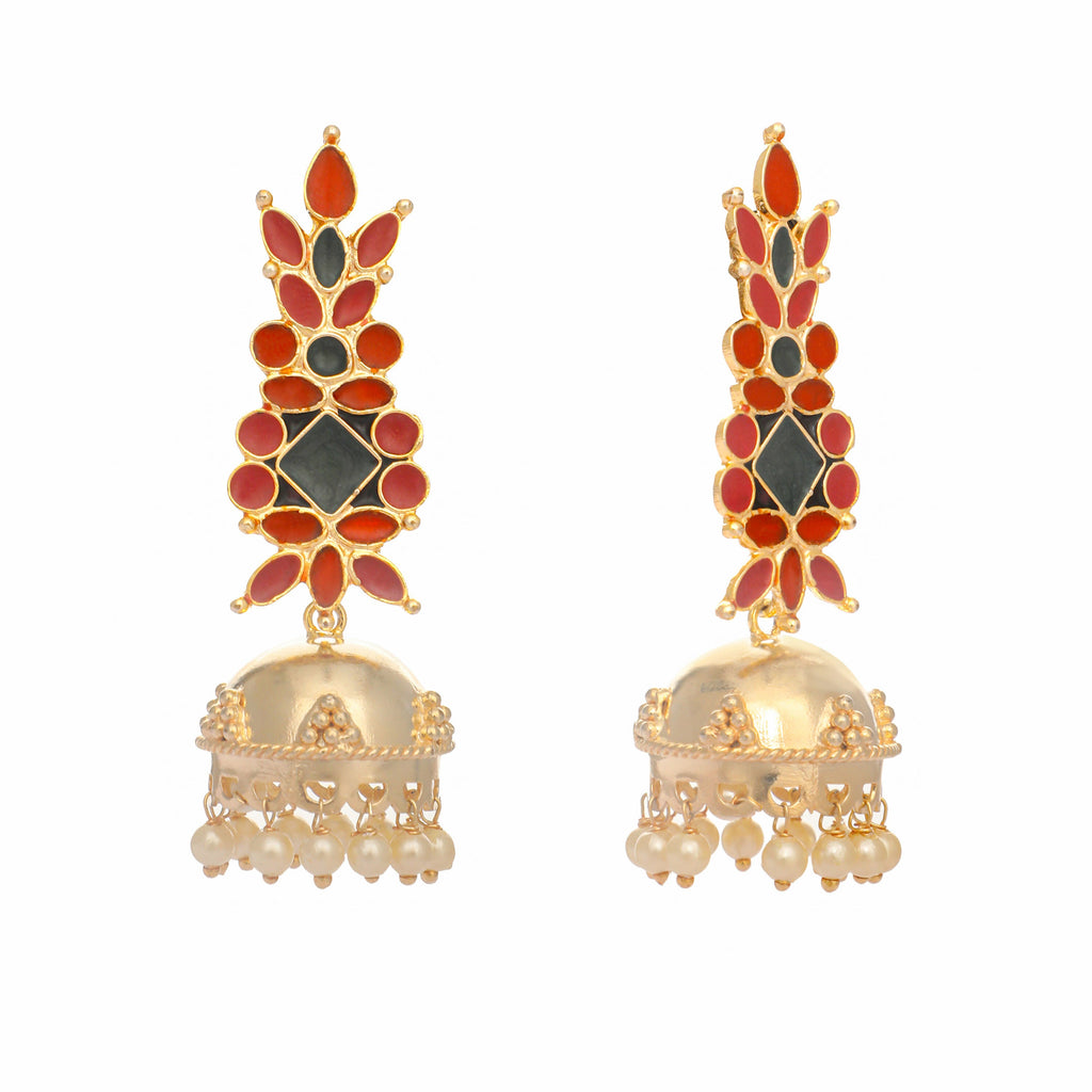 Nuyug 22K Gold-Plated Enamel & Beaded Dome Shaped Jhumka Earrings - Distacart