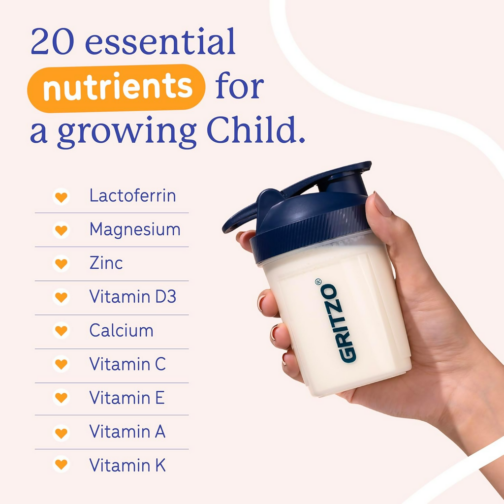 Gritzo SuperMilk Growth+ (Formerly Height+) Unsweetened Drink Mix (7-12y Boys), 10g Protein Powder (Creamy Vanilla)