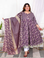 Miravan Women's Plus Size Purple cotton Floral Gota Lace Work Anarkali Kurta And Dupatta