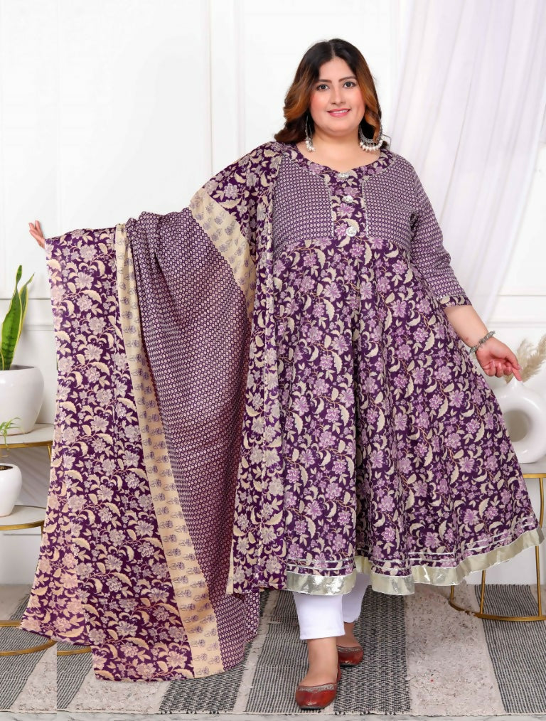 Miravan Women's Plus Size Purple cotton Floral Gota Lace Work Anarkali Kurta And Dupatta