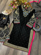 Vastranavya Black Viscose Velvet Cording Sequence Embroidery Work Suit With Dupatta - Distacart