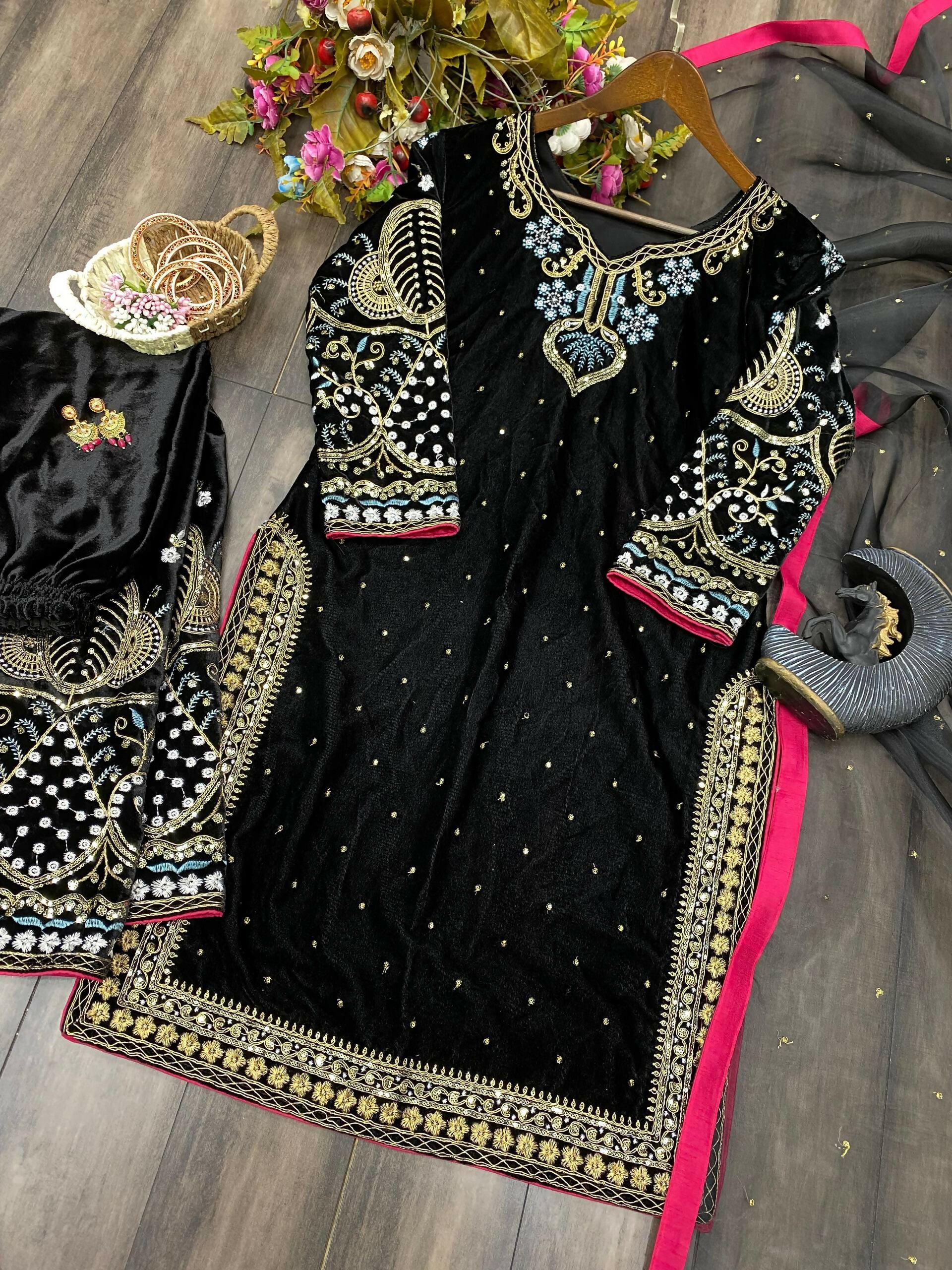 Vastranavya Black Viscose Velvet Cording Sequence Embroidery Work Suit With Dupatta - Distacart