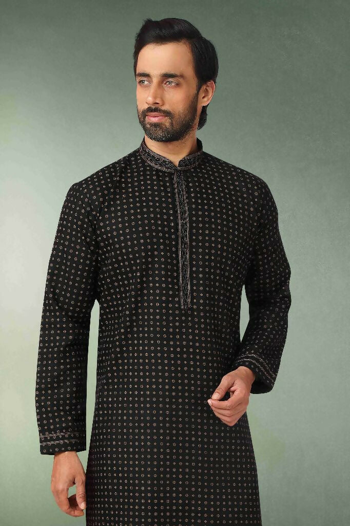 Raivat Ethnic Cotton Printed Work Kurta Pajama In Black Colour