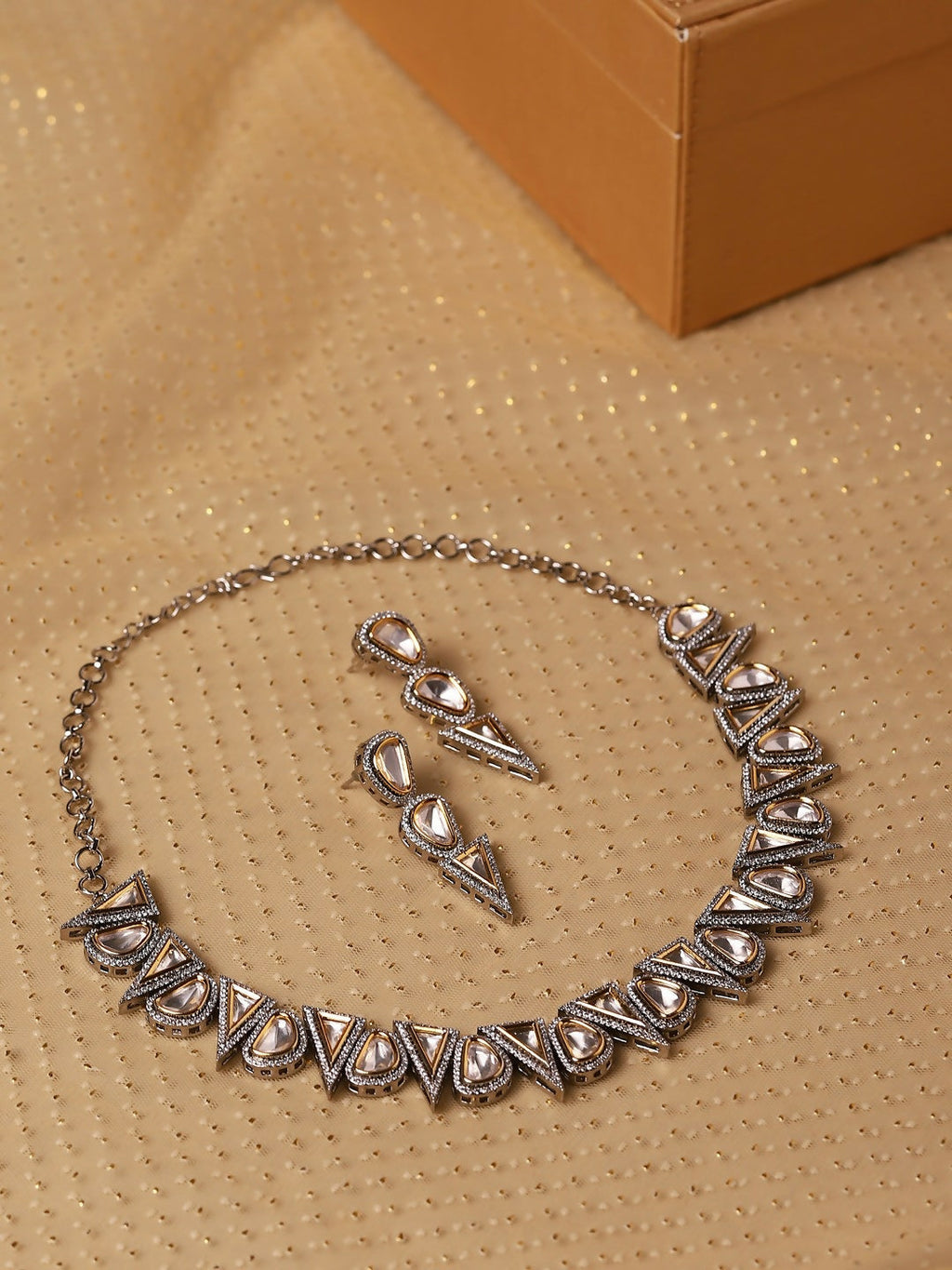 Diamond & Semi Precious Stone Neckpiece with Earrings with Chain - Ruby Raang