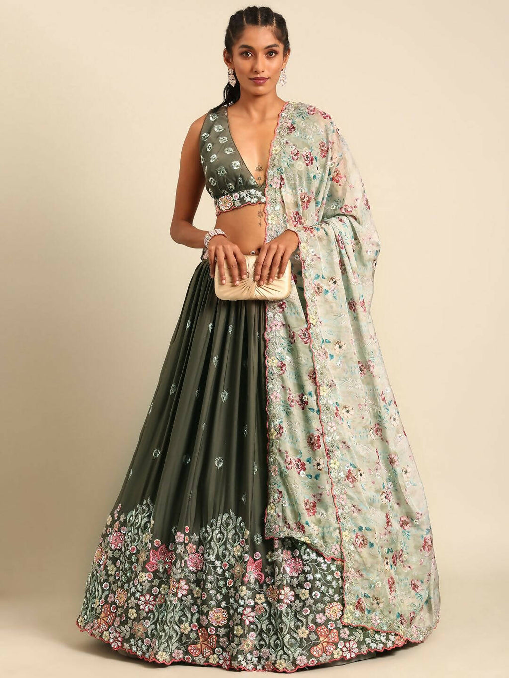 House of Panchhi Olive Chinon Sequins embroidery Lehenga choli & Dupatta