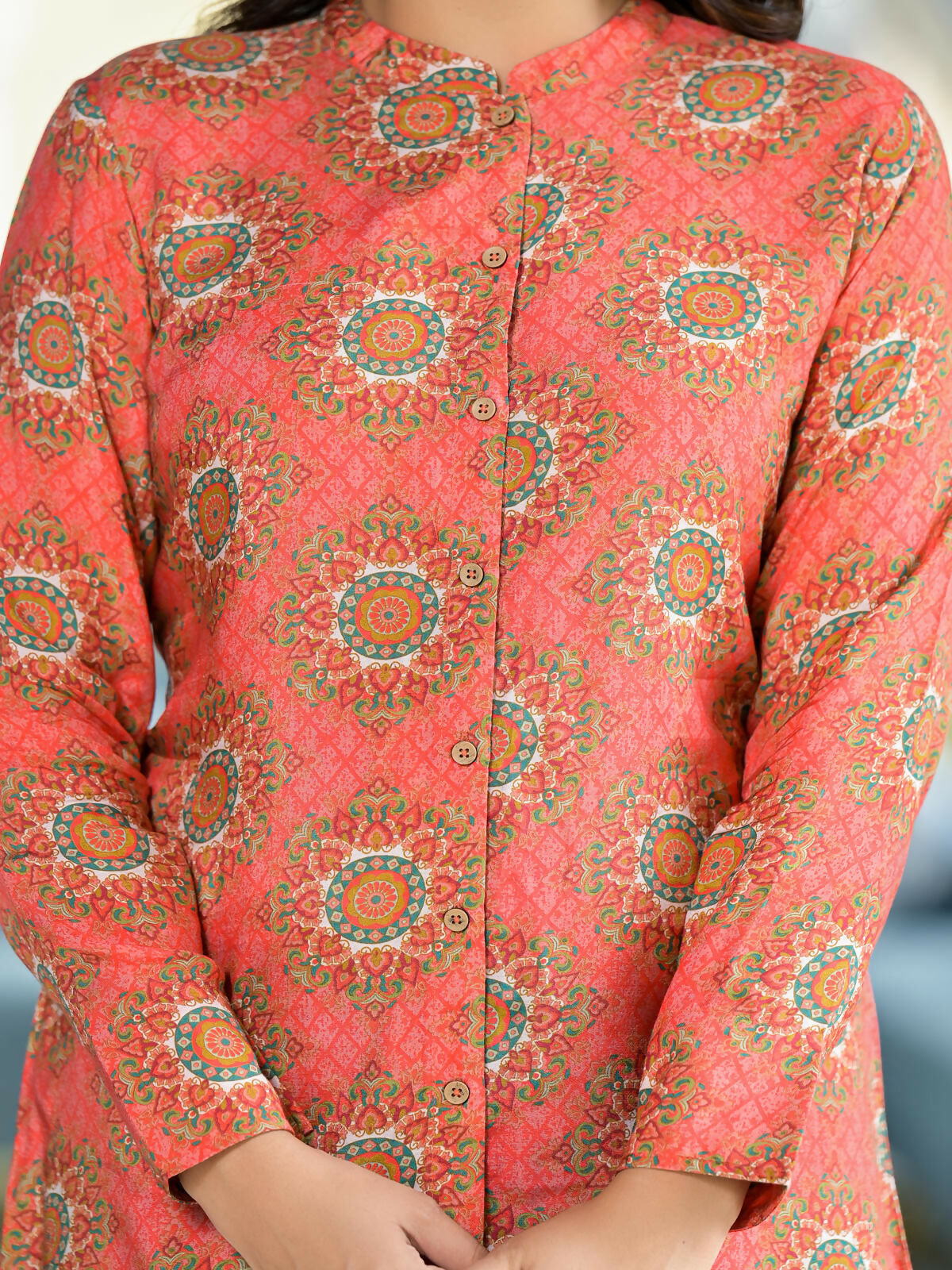 Juniper Women's Orange Ethnic Motif Printed Viscose Tunic With Buttons Detailing