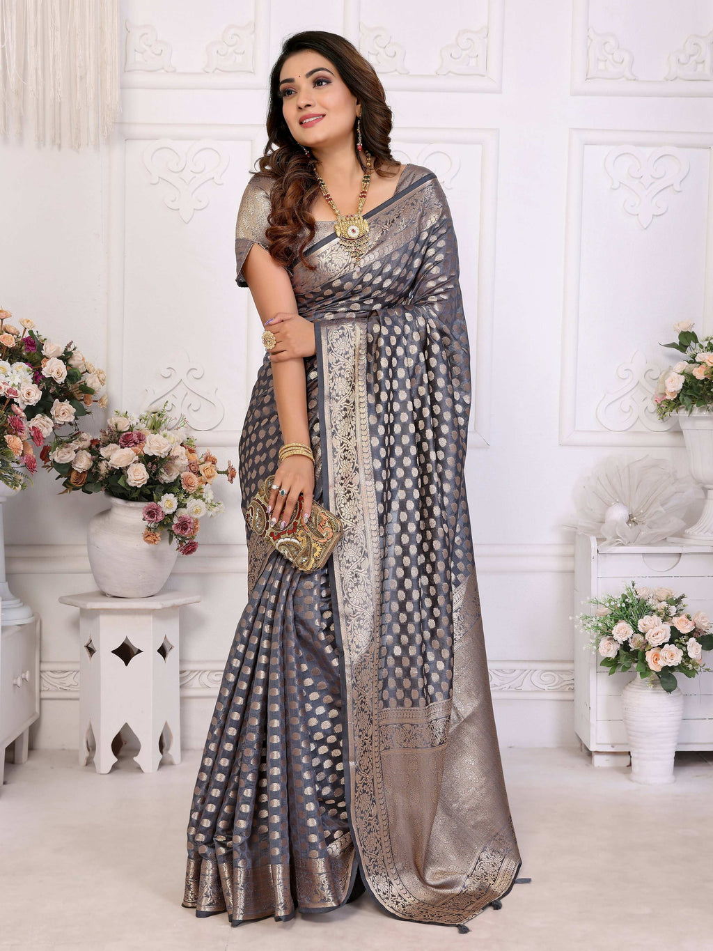 Aastha Fashion Grey Organza Silk Weaving Saree - Distacart