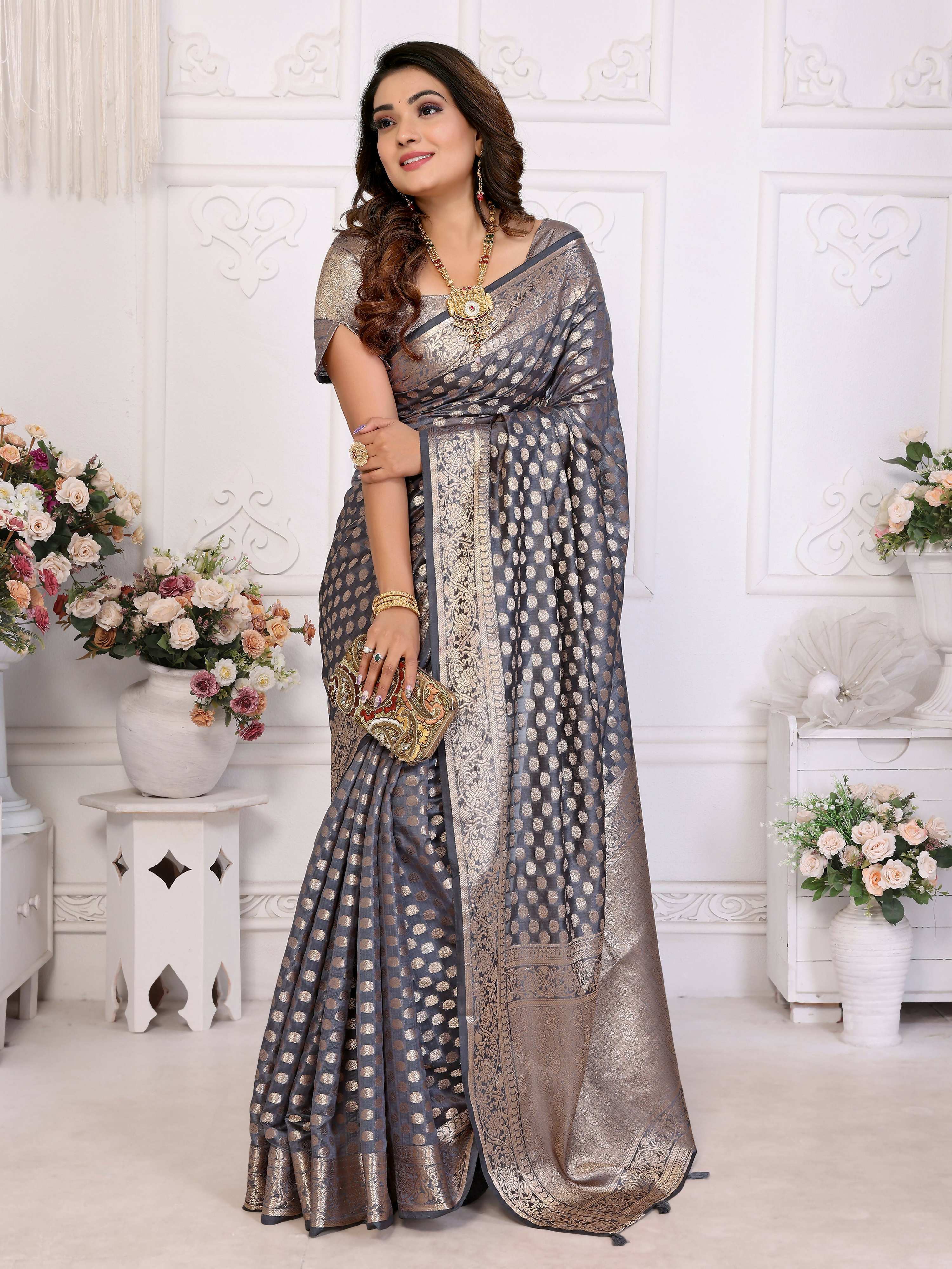 Aastha Fashion Grey Organza Silk Weaving Saree - Distacart