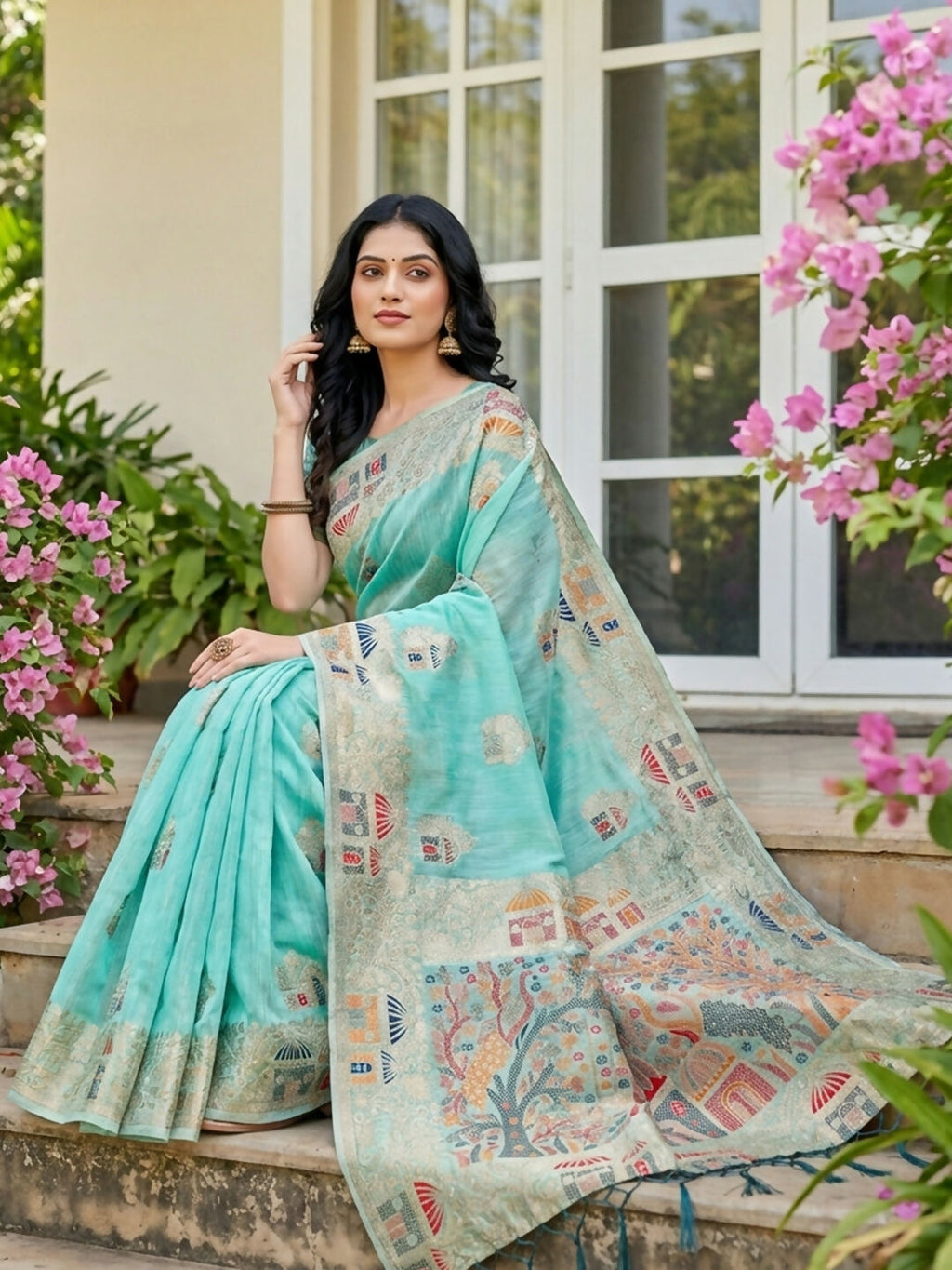 Shree Shyam Fashion Sky Blue Linen Cotton Saree - Distacart
