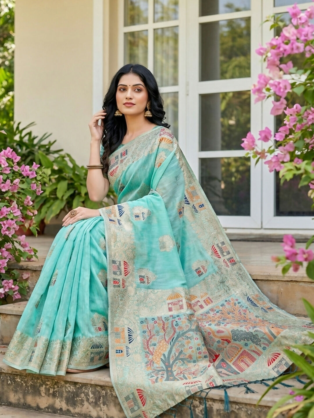 Shree Shyam Fashion Sky Blue Linen Cotton Saree - Distacart